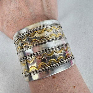 Antique Turkmen 925 Serling Silver Gold Plated Cuff Bracelet